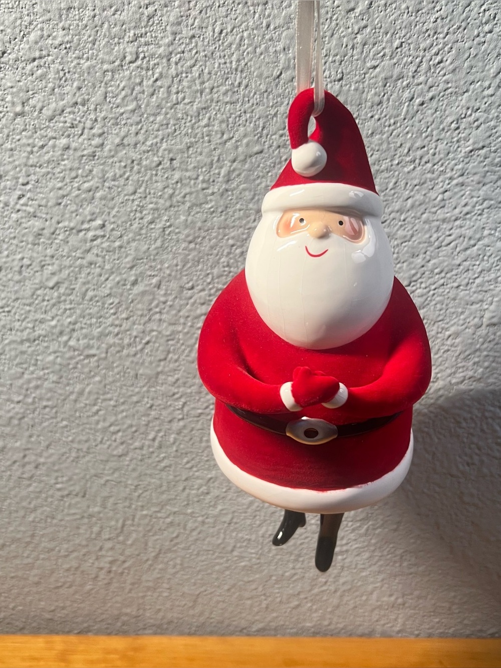 RARE Department 56 FLOCKED Santa Bell Ornament Swinging Legs Porcelain